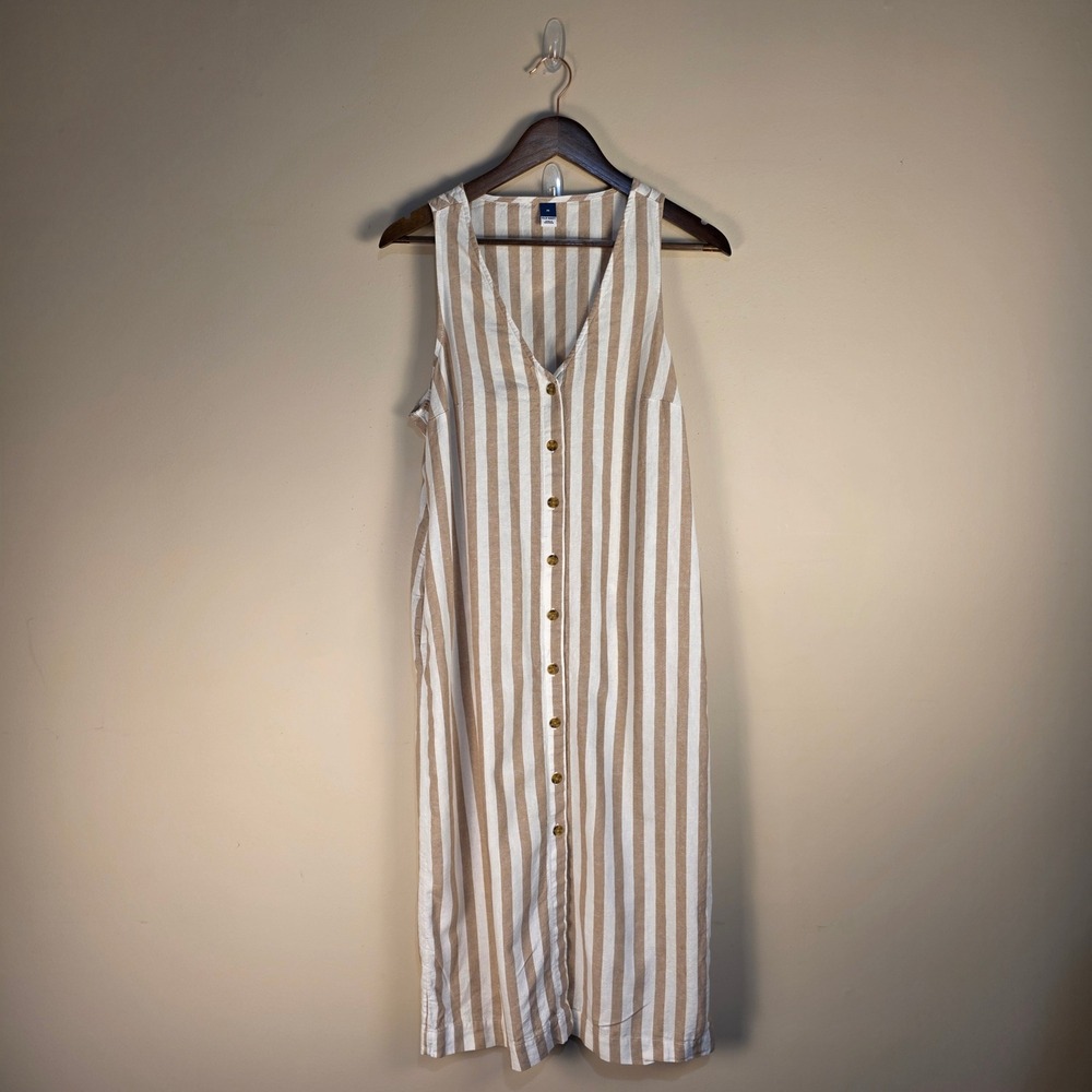 Old Navy Midi Dress Womens Medium Tan Striped Linen Blend Lace Up Back Pockets - Picture 2 of 10